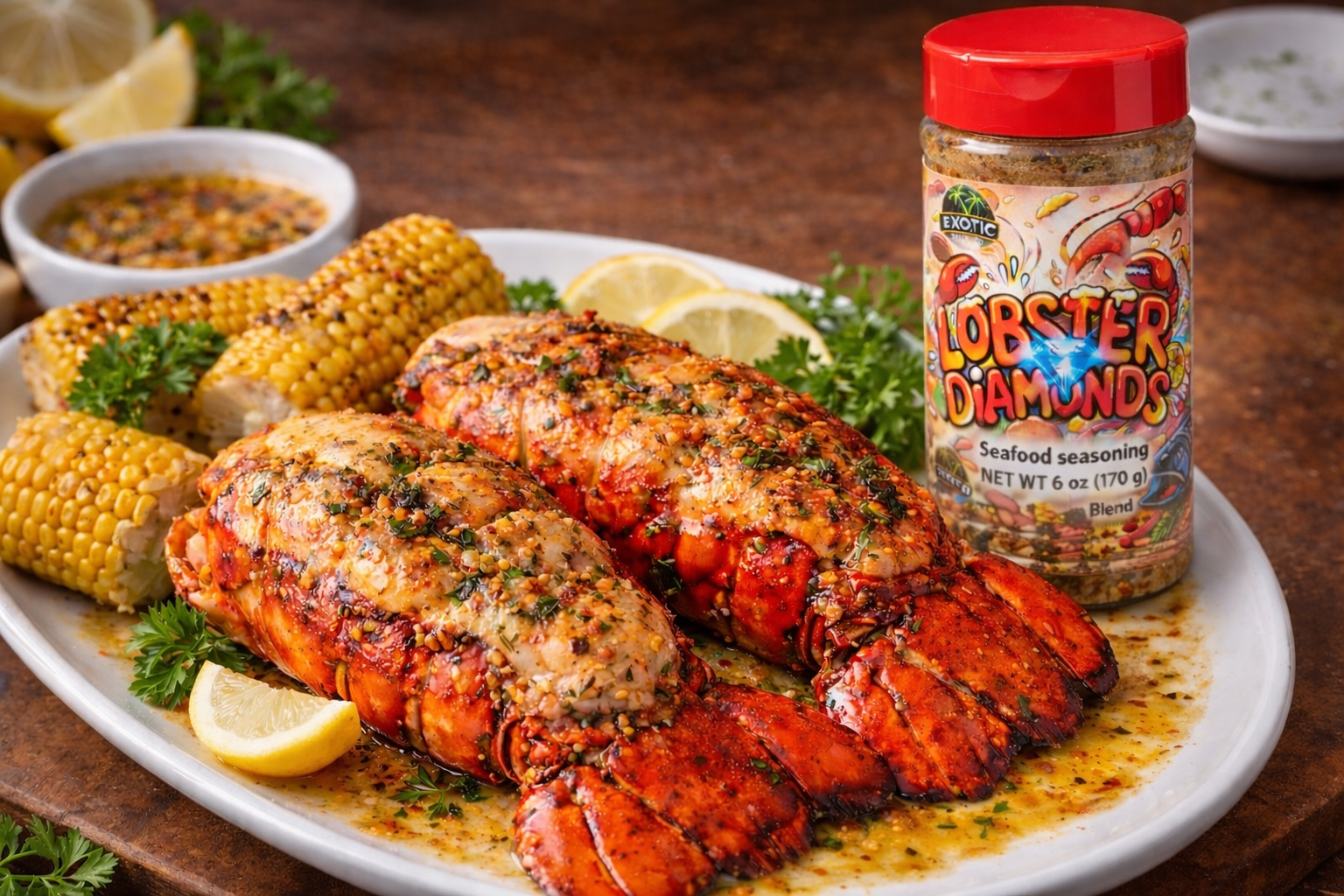 Butter-Poached Lobster Tail with Lobster Diamonds Garlic Emulsion