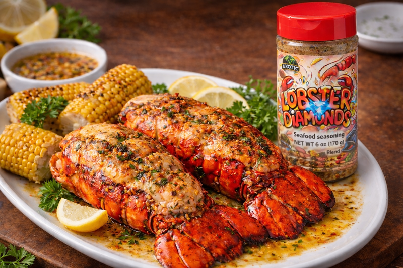 Butter-Poached Lobster Tail with Lobster Diamonds Garlic Emulsion