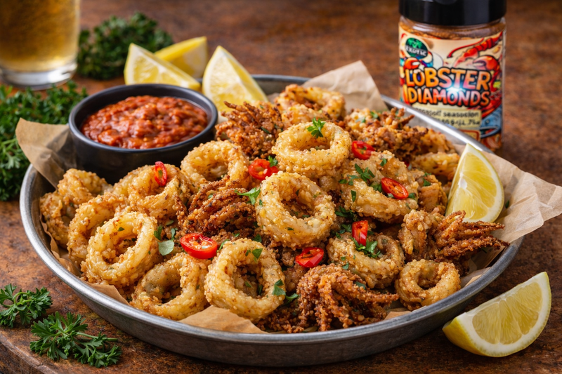 Fried Calamari with Lobster Diamonds Citrus Dust