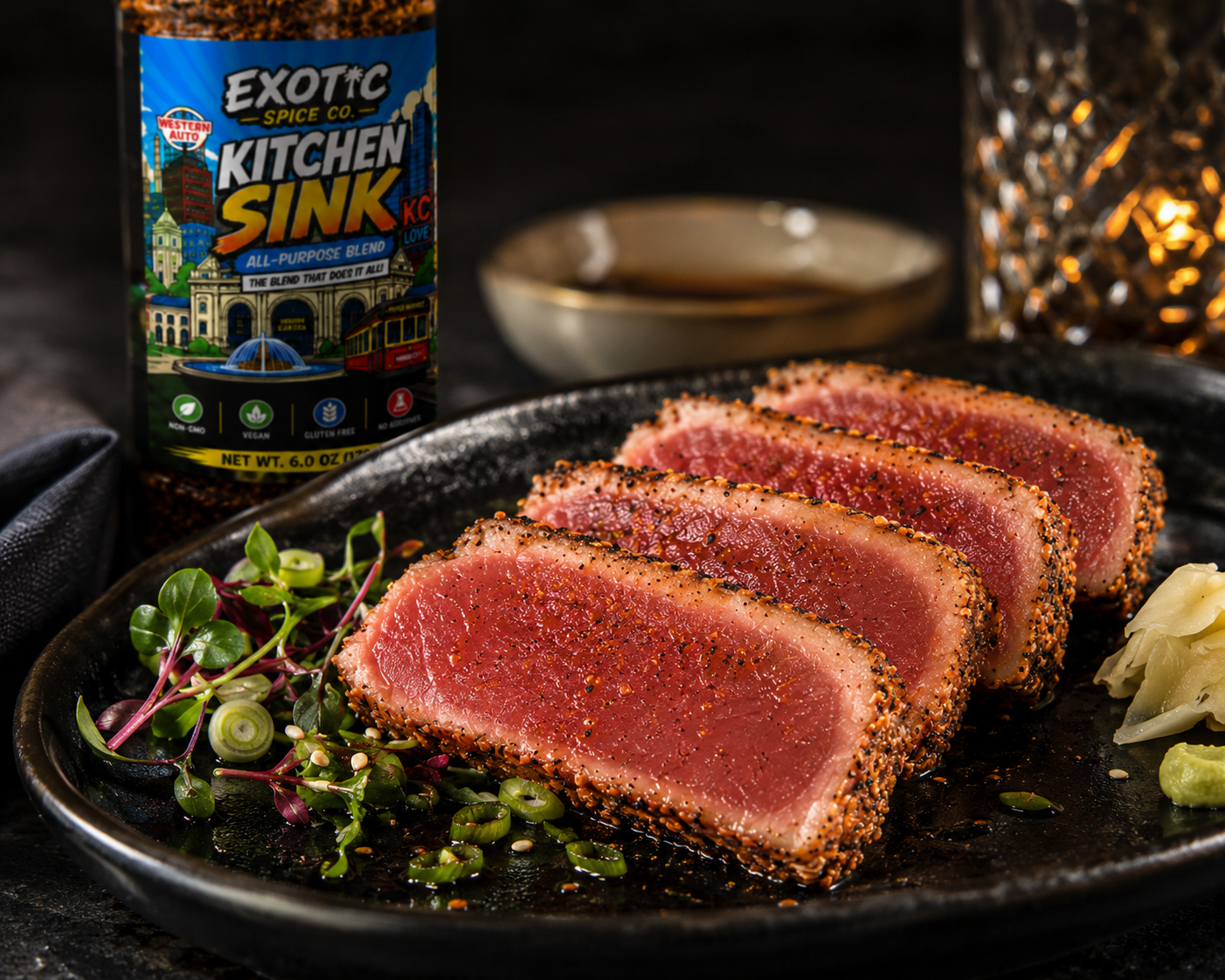 Seared Tuna with Lobster Diamonds Sesame Crust