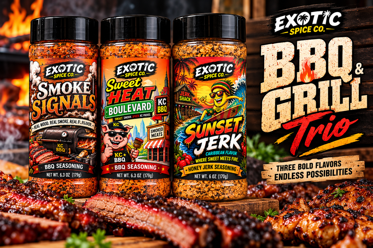 BBQ and Grill Trio featuring Smoke Signals, Sweet Heat Boulevard, and Sunset Jerk