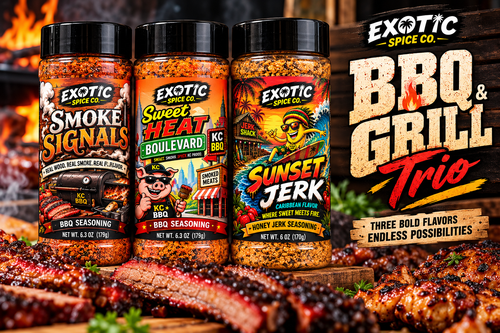 BBQ and Grill Trio featuring Smoke Signals, Sweet Heat Boulevard, and Sunset Jerk