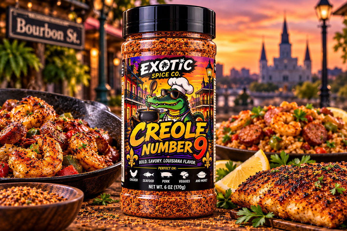 Creole Number 9 seasoning bottle with shrimp, jambalaya and blackened fish
