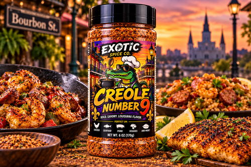 Creole Number 9 seasoning bottle with shrimp, jambalaya and blackened fish