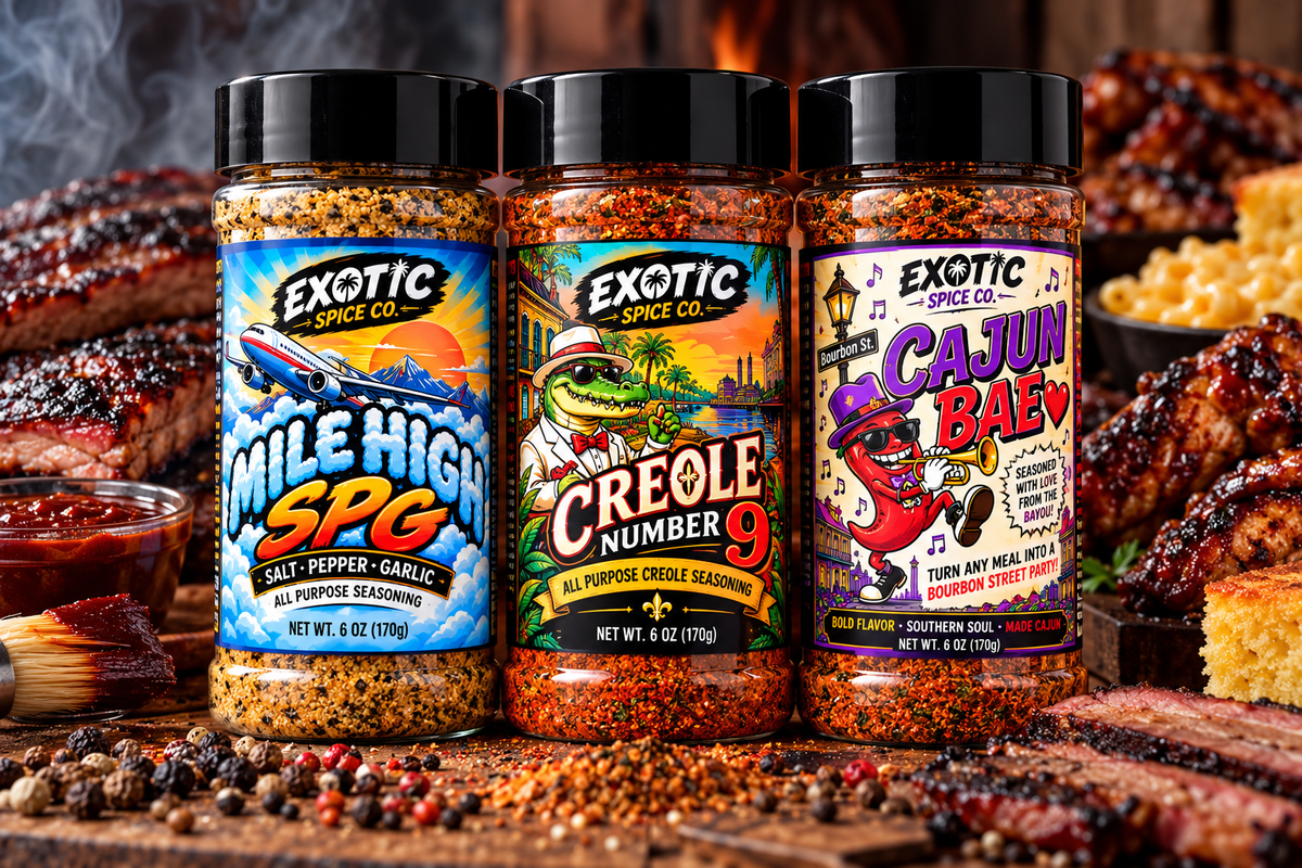 Illustrative Pick Any 3 bundle photo showing Mile High SPG, Creole Number 9 and Cajun Bae. Choose any three flavors.