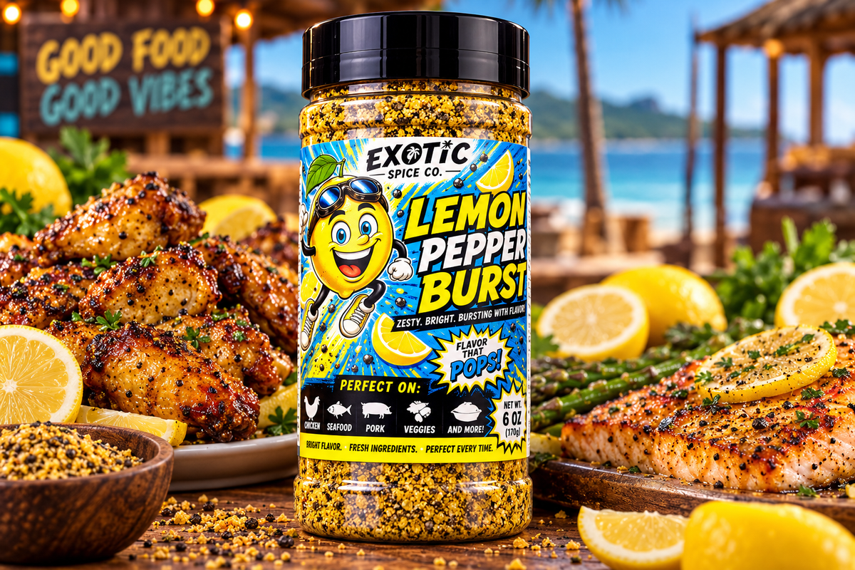 Lemon Pepper Burst seasoning bottle with lemon pepper chicken wings and grilled salmon