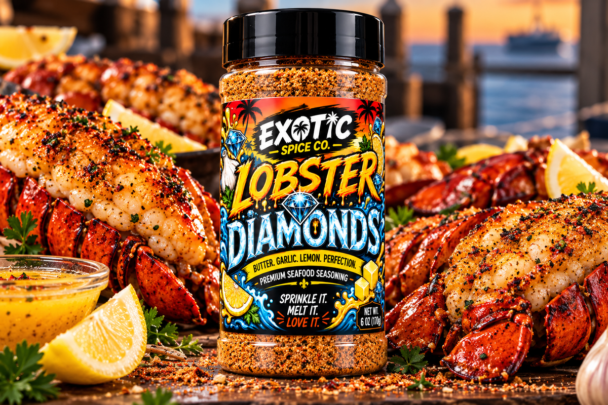 Lobster Diamonds seasoning bottle with grilled lobster tails