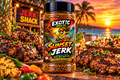 Sunset Jerk Honey Jerk Seasoning bottle with grilled jerk chicken, pineapple, and tropical sunset