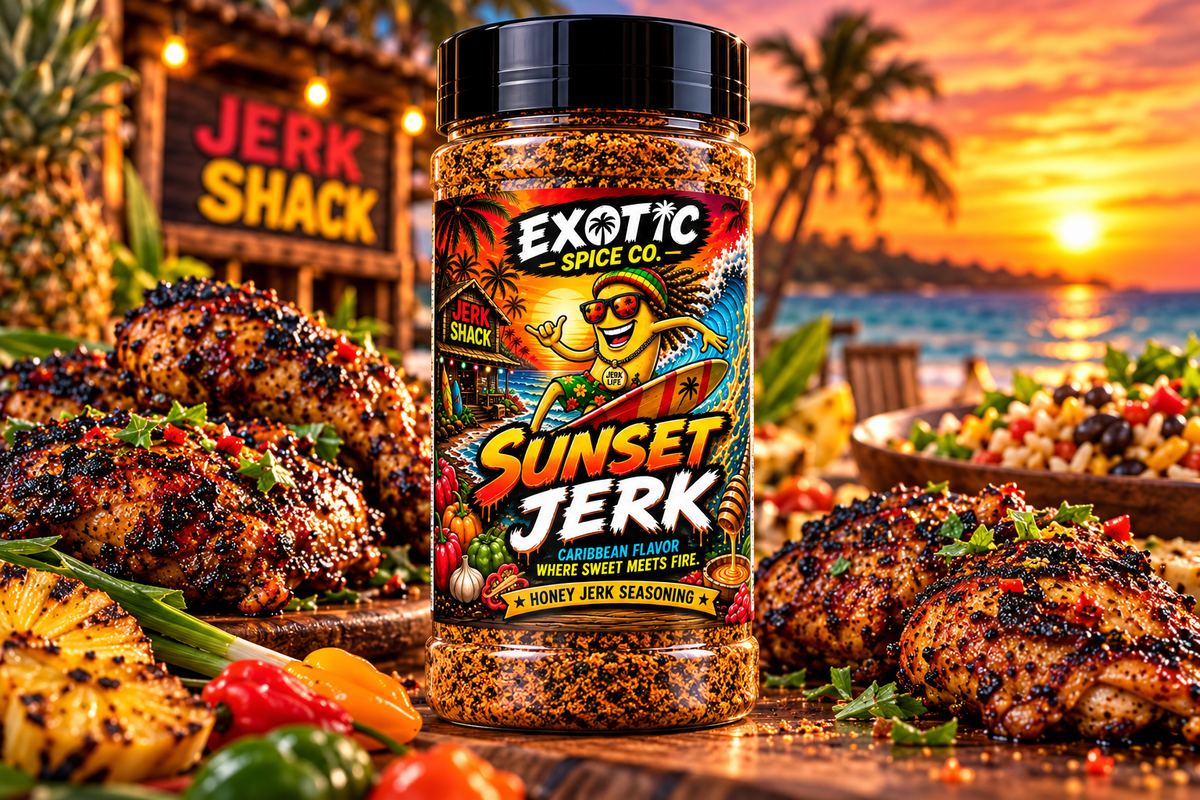 Sunset Jerk Honey Jerk Seasoning bottle with grilled jerk chicken, pineapple, and tropical sunset