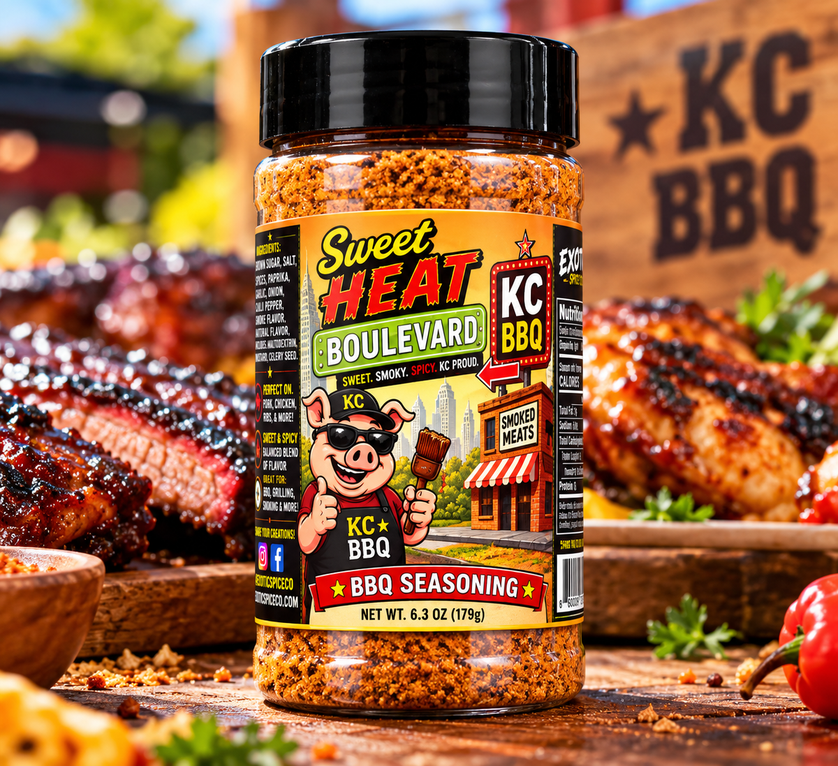Sweet Heat Boulevard KC BBQ seasoning bottle with black lid in barbecue setting