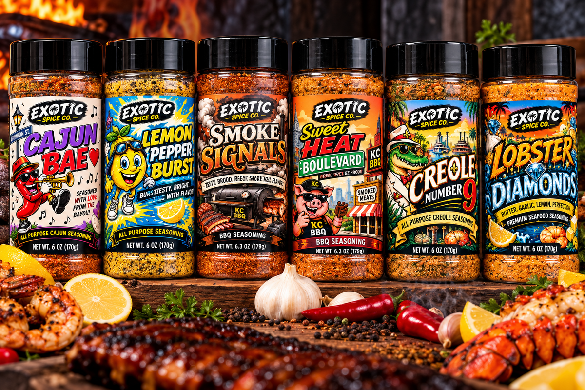 The Exotic Bundle photo featuring six Exotic Spice Co. seasonings: Cajun Bae, Lemon Pepper Burst, Smoke Signals, Sweet Heat Boulevard, Creole #9, and Lobster Diamonds